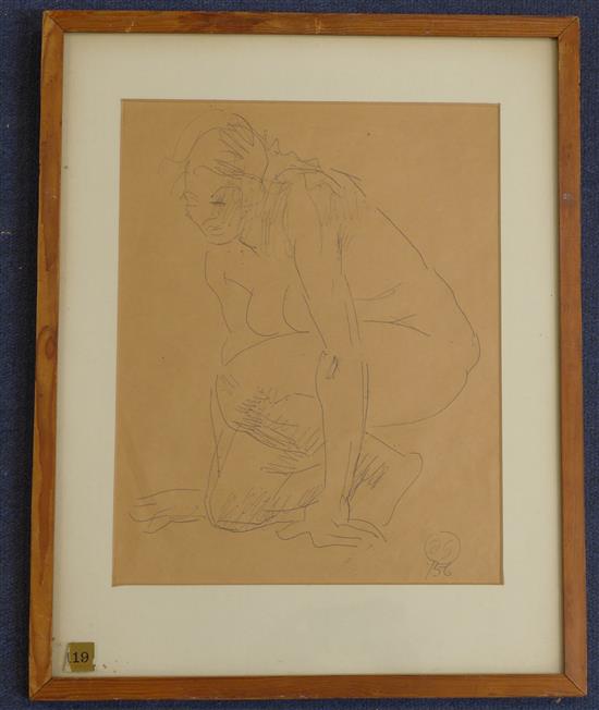 § Duncan Grant (1885-1978) Crouching female nude, 13.25 x 10.5in.